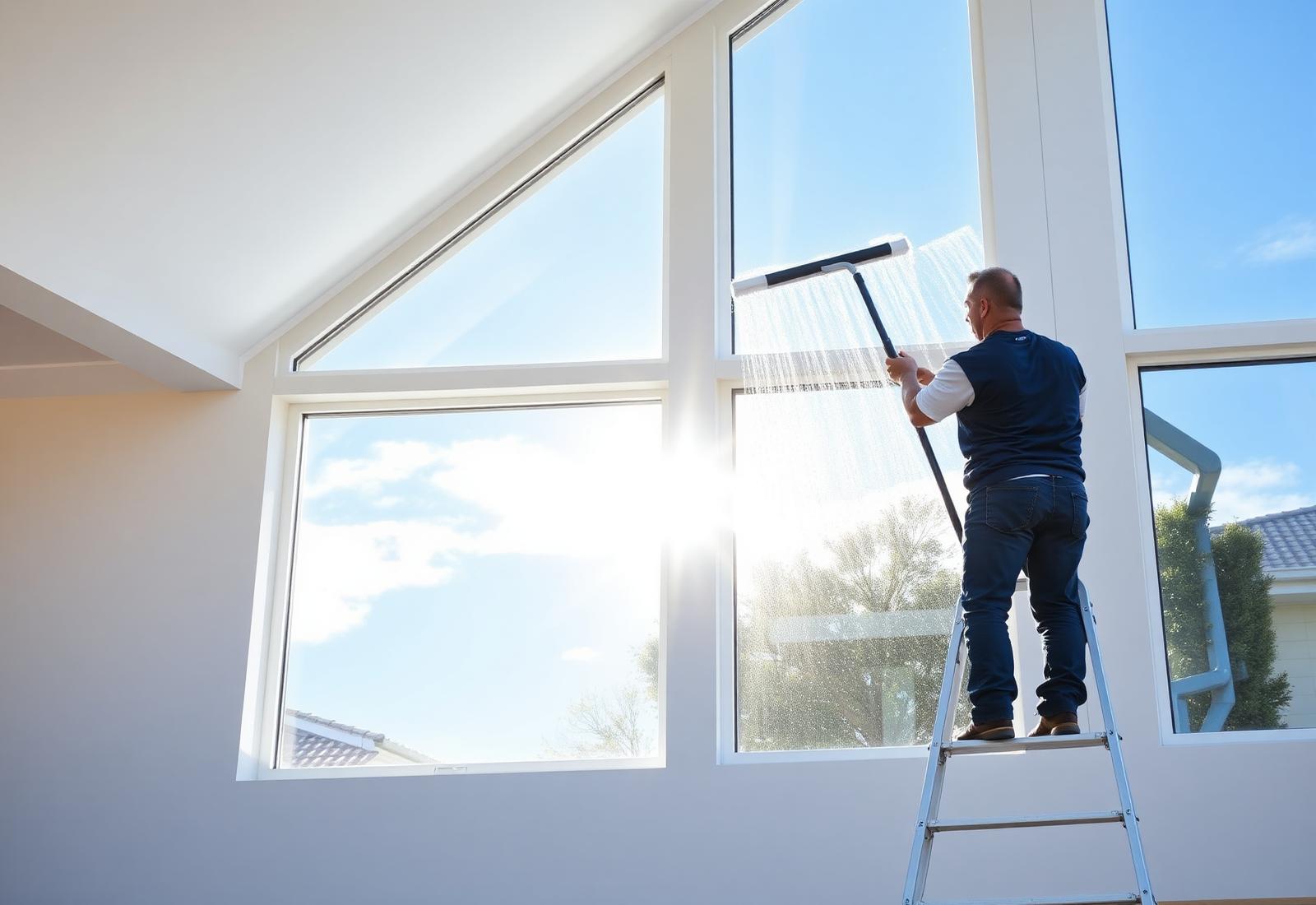 Window cleaner washing a tall Perth home window